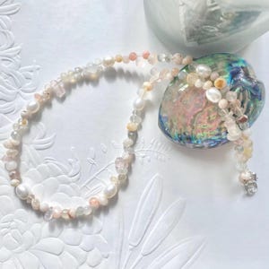 Sakura Flower Agate and Pearl beaded necklace, Handmade sterling silver gemstone necklace with silver heart charm, Birthday gift for her.