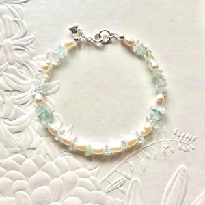 Aquamarine And Pearl Bracelet With Heart Charm: Handmade Sterling Silver Gemstone Jewellery.