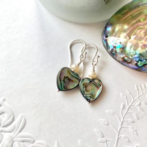 Sterling Silver Abalone Heart Earrings, Handmade Rainbow Shell Jewellery