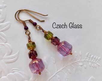 Handmade Czech glass earrings, Antique bronze long drop Boho earrings, Beautiful pink glass statement earrings, Birthday gift for her.