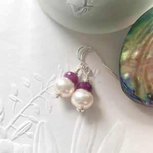 Ruby And Pearl Sterling Silver Earrings, Handmade Bridal Jewellery.