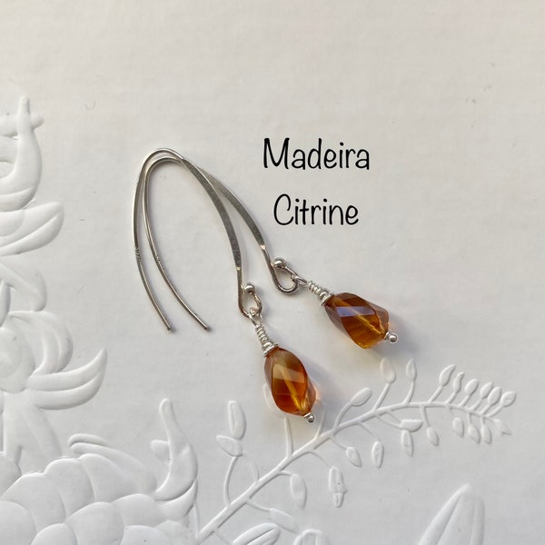 Sterling silver Madeira Citrine earrings, Handmade long drop gemstone earrings, November's birthstone jewellery, Birthday gift for her.