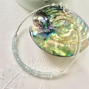 Sterling silver Aquamarine bracelet, Handmade gemstone bracelet with heart charm, March&#39;s birthstone jewellery, Birthday gift for her.
