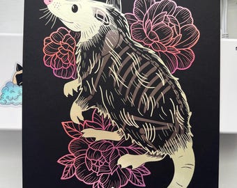 Possum Skeleton Handmade Foil Print