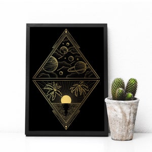 May include: A black and gold geometric print with a celestial scene in the top half and a sunset scene in the bottom half. The print features a sun, palm trees, and planets.