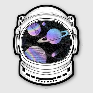 May include: A black and white illustration of an astronaut's helmet with a view of space. The helmet shows a galaxy with planets, stars, and a comet. The planets are in shades of blue, pink, and purple.