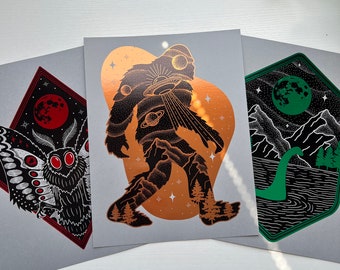 Cryptid Foil Print Pack - Bigfoot, Mothman, and Nessie