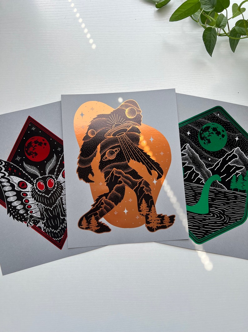 Cryptid Foil Print Pack - Bigfoot, Mothman, and Nessie - Etsy