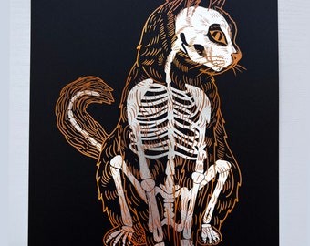 Two Toned Cat Skeleton Foil Print