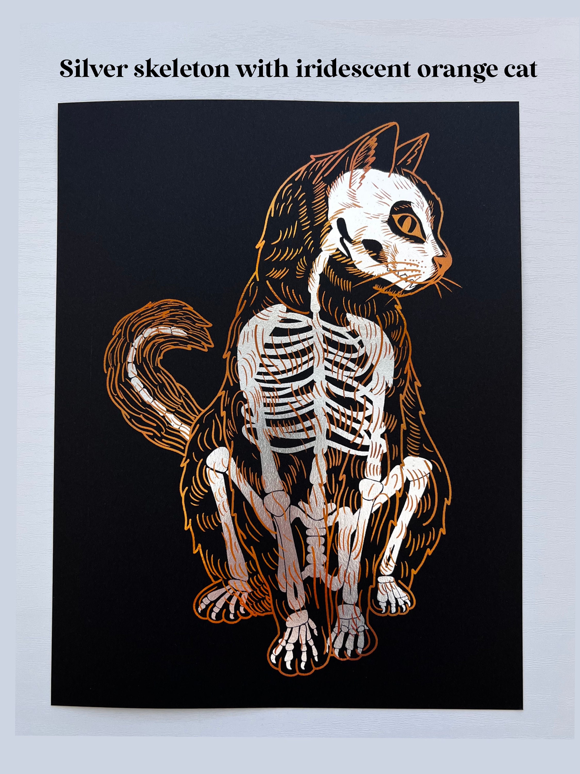 Two Toned Cat Skeleton Foil Print - Etsy