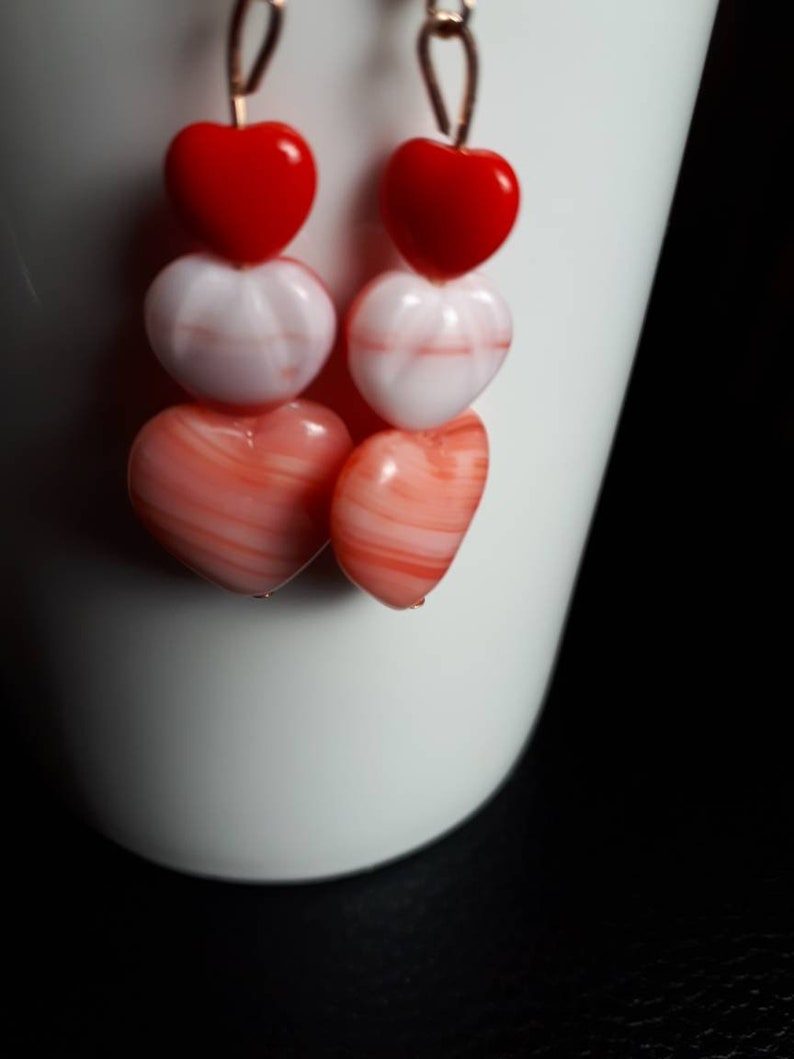 White and Pink Dangle Earrings Pink Heart Earrings Valentine/'s Love Earrings Gift for Her Preciosa Czech Glass Beads Red
