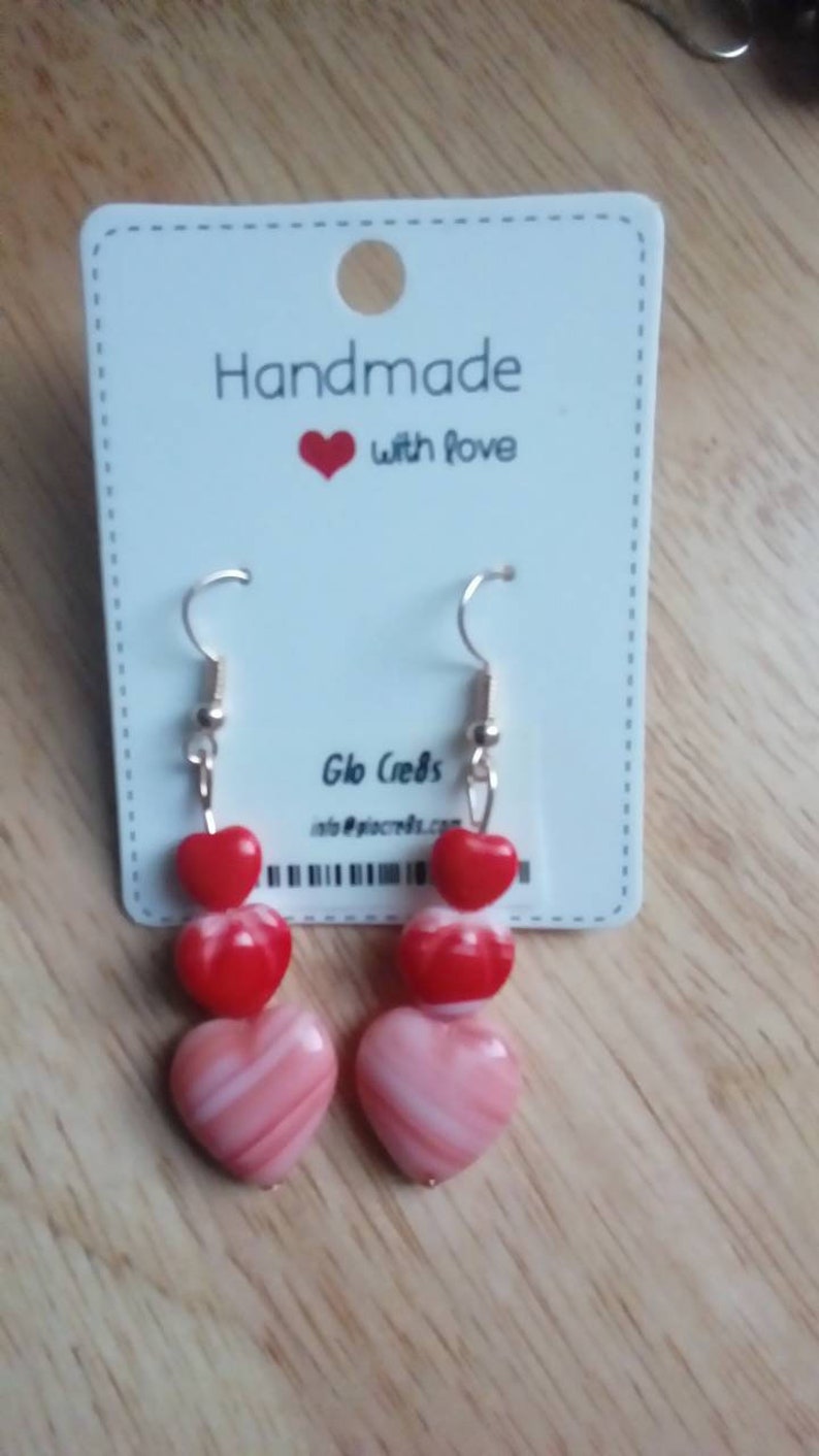 White and Pink Dangle Earrings Pink Heart Earrings Valentine/'s Love Earrings Gift for Her Preciosa Czech Glass Beads Red