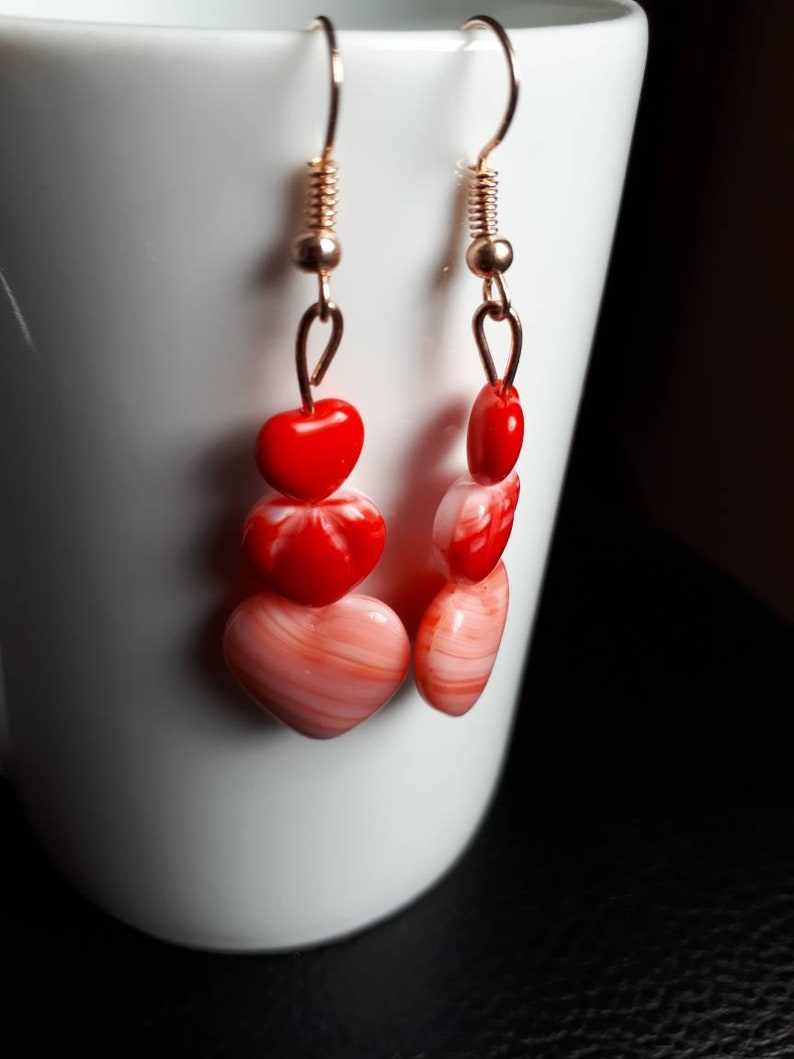 White and Pink Dangle Earrings Pink Heart Earrings Valentine/'s Love Earrings Gift for Her Preciosa Czech Glass Beads Red