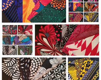 May include: A collection of colorful fabric swatches with various patterns. Designs include polka dots, floral, geometric shapes, and abstract motifs in shades of red, blue, yellow, and black. The fabrics are arranged in a collage.