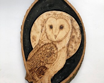 Woodart pyrography hand burnt barn owl picture / rustic farmhouse coutry decor / wood slice picture