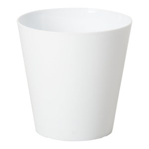 May include: A white plastic plant pot with a wide, round opening and a slightly tapered base.