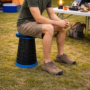 May include: A black and blue folding stool with a person sitting on it. The stool is made of interlocking sections. The person wears a green shirt and khaki shorts. The stool is on grass. The scene suggests camping.
