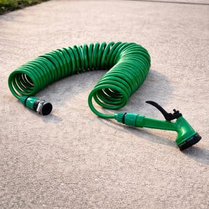 May include: A green coiled garden hose with a black and green spray nozzle on a concrete surface. The hose is a bright green colour and is coiled in a spiral shape. The spray nozzle has a black handle and a black nozzle head.