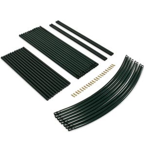 May include: An assortment of dark green metal poles and curved pieces, along with small gold-colored connectors. The components are arranged on a white surface, suggesting a kit for a garden structure or similar project.