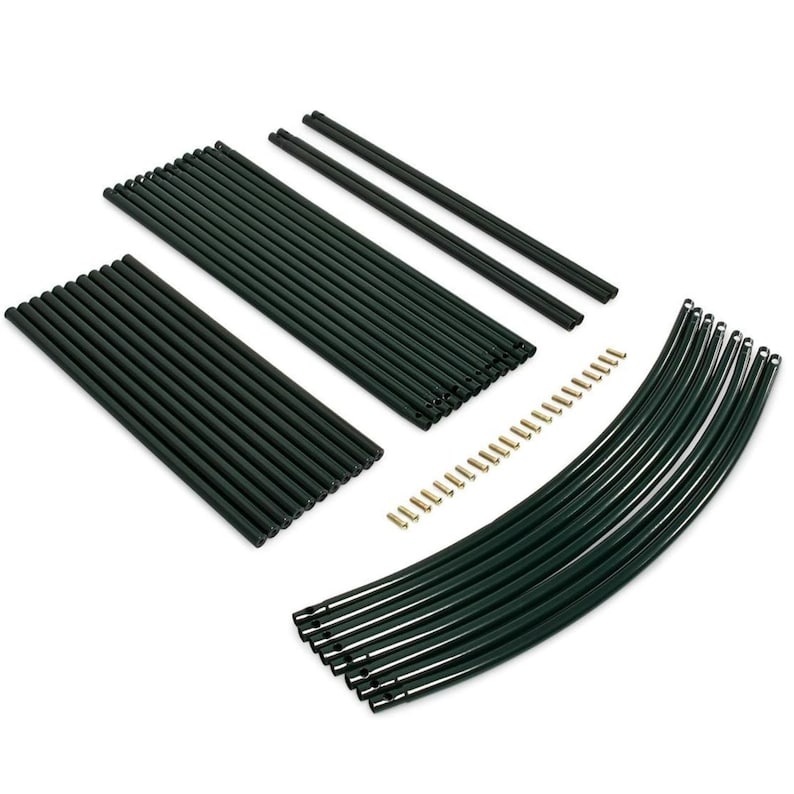 May include: An assortment of dark green metal poles and curved pieces, along with small gold-colored connectors. The components are arranged on a white surface, suggesting a kit for a garden structure or similar project.