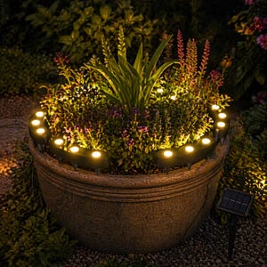 May include: A large, stone-effect planter filled with plants and purple flowers, lit by small, warm lights. A solar panel is visible, indicating a sustainable lighting system for gardens and outdoor areas.