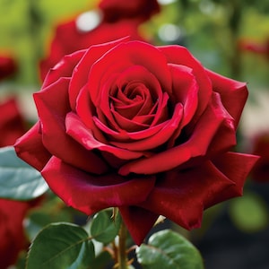 May include: A single deep red rose in full bloom with lush green leaves. The rose has a velvety texture and a classic shape.