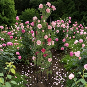 May include: A garden scene with a black metal rose arch supporting a climbing rose bush. The rose bush is covered in pink and red roses. Other rose bushes with pink blooms are in the background. The ground is covered in grass and fallen petals.