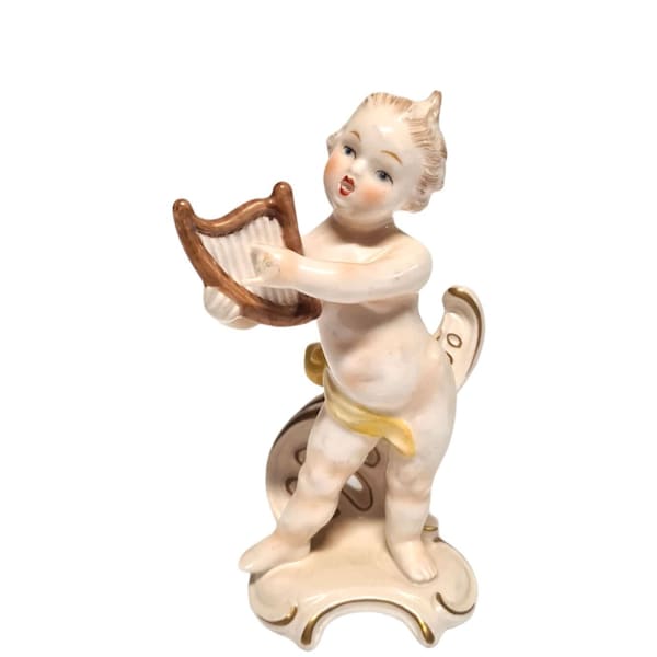 Collectible Goebel Cupid With Harp Porcelain Figurine German High Quality