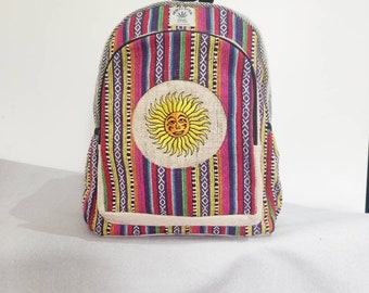 Limited Edition Red Happy Sun Easy Carry Hemp Hippy Boho Vegan Multicolor Hand Embroidery Stylish Unique Practical Backpack Rucksack Bag