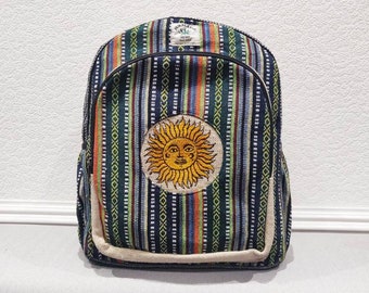 Limited Edition Yellow Smiley Sun Easy Carry Hemp Hippy Boho Vegan Multicolor Hand Embroidery Stylish Unique Practical Backpack Rucksack Bag