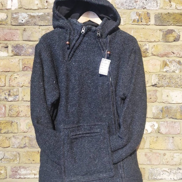 Natural Wool Unisex Hippie Boho Winter Hand knit FleeceLined kangaroo Pocket Side Zip Warm Woolen Nepalese Jacket Hoodie Pullover Cardigan