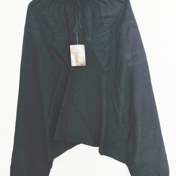 New Mens Womens Solid Plain Black Comfy cotton summer funky hippy elastic waist harem baggy trouser pants (One Size) fit
