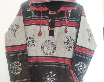 New Unisex Patchwork Stonewashed Granddad Symbols Printed Light Thin Cotton Summer Hippie Boho Hoodies