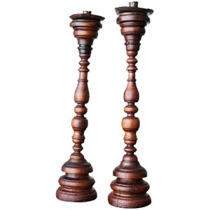 Portuguese Pair of Carved and Turned Wood Candlesticks, 17th/18th Century, Antique