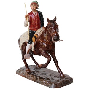 Antique Bordallo Pinheiro Horseman Figurine, Palissy Ware, Earthenware, Majolica