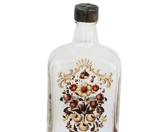 Portuguese Arte Deco Enameled Glass Brandy Bottle with Birds, Ribbons and Flowers, Antique