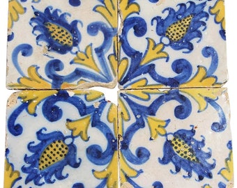 Set of 4 Cob of Corn Tiles, 17th Century, Portuguese Baroque, Tin-Glazed Pottery Earthenware, Antique