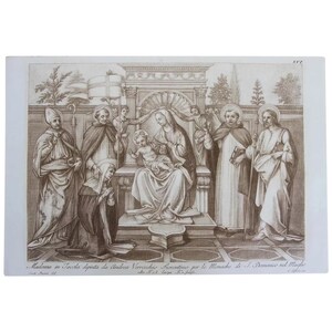 18th Century Etching / Engraving of Madonna with Child and Saints, Italian