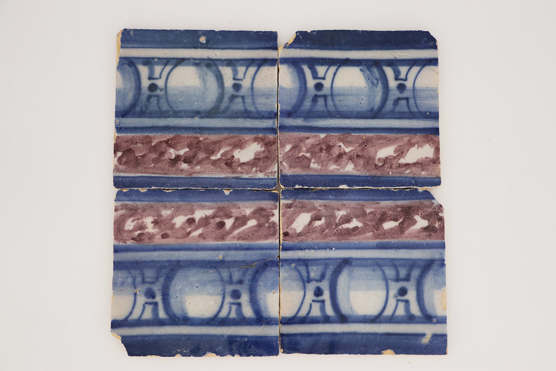 18th Century Antique Portuguese Set of Four Blue, White and Brown Spongeware Baroque Tiles