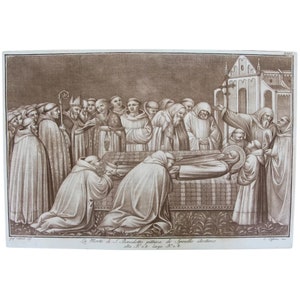 18th Century Etching / Engraving of the Death of St. Benedict, Italian