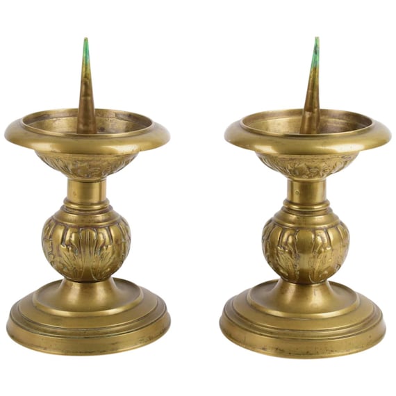 18th/19th Century Pair of Flemish/german Brass Pricket Candlesticks /  Candleholders, Antique 