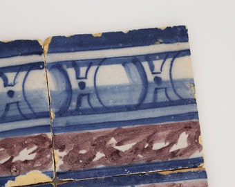 18 世紀アンティーク ポルトガル 青、白、茶色のスポンジウェア