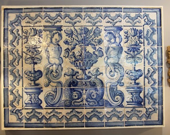 18th Century Antique Portuguese Tile Mural Panel Depicting a Blue and White Vase Surrounded by Cherubs