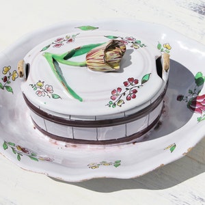 A Rare German Faience Trompe-l&#39;oeil Butter Tub with Cover and Stand, 18th Century