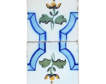 Set of 2 Tiles Flowers and Ribbons, Portuguese, Original Art Deco early 20th Century, Tin-Glazed Pottery Earthenware, Antique