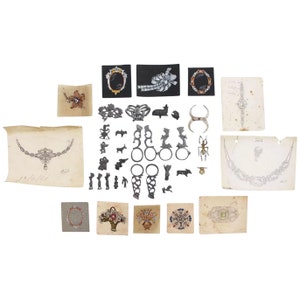 Conjunto de portfólio vintage de designer de joias, desenhos originais, animais de chumbo