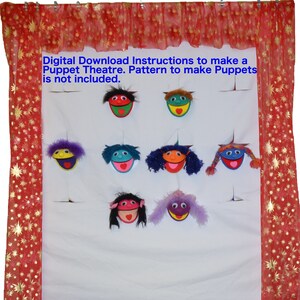 Könnte beinhalten: Ein weißer Puppenspiel-Hintergrund mit acht bunten Filzpuppen, die daran befestigt sind. Die Puppen haben verschiedene Haarfarben und Gesichtsausdrücke. Der Hintergrund hat auf jeder Seite einen roten und goldenen Vorhang mit Sternenmuster. Der Text "Digitaler Download Anweisungen zum Bau eines Puppenspieltheaters. Muster zum Bau von Puppen ist nicht enthalten." ist oben auf dem Hintergrund gedruckt.