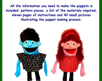 May include: Two hand puppets, one blue with black stars and one pink with red stars, are shown against a white background. The puppets are 61 cm tall and have a head width of 13 cm.