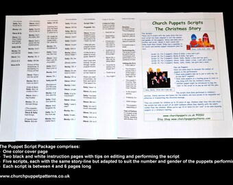 May include: A set of black and white printable puppet scripts for a Christmas story. The scripts are designed for use with puppets and include instructions on editing and performing the script. The scripts are available for purchase online.