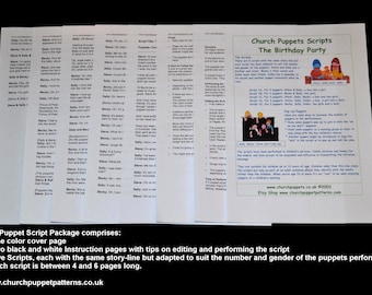 May include: A set of five puppet scripts for a birthday party. The scripts are printed on white paper and include instructions for editing and performing the scripts. The scripts are designed for use with puppets and are suitable for children of all ages.